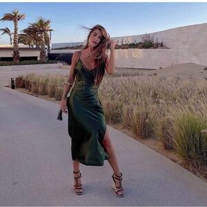 Zara Green Satin Effect Slip Draped Lingerie Style Dress Small bloggers favorite